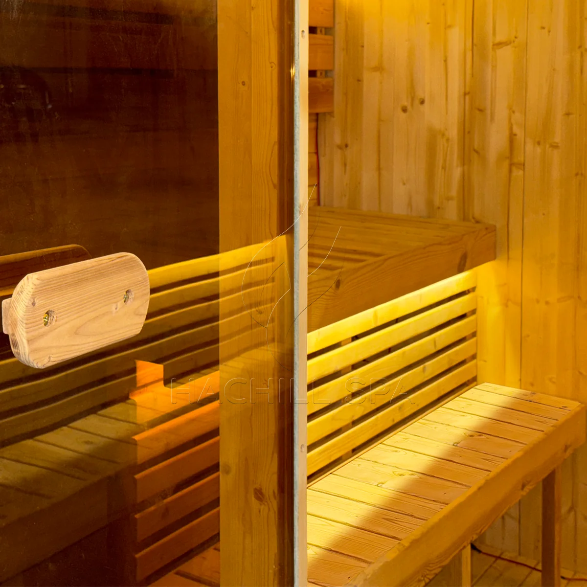 CS15 sauna interior bench and glass door detail