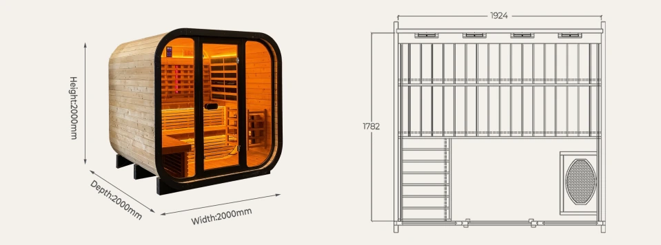 CS21 hybrid outdoor sauna 2000 x 2000 x 2000 mm overall dimensions drawing