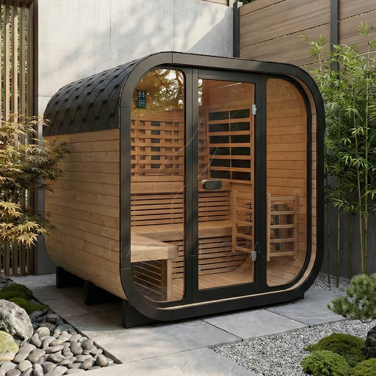 CS21 hybrid outdoor sauna garden installation