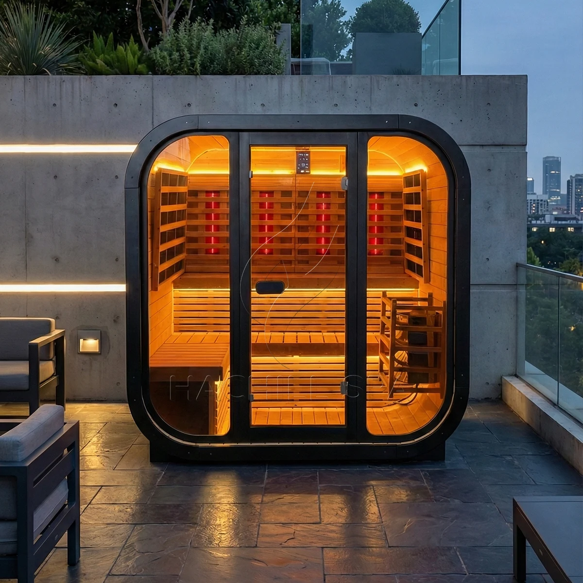 CS21 hybrid outdoor sauna patio installation at night