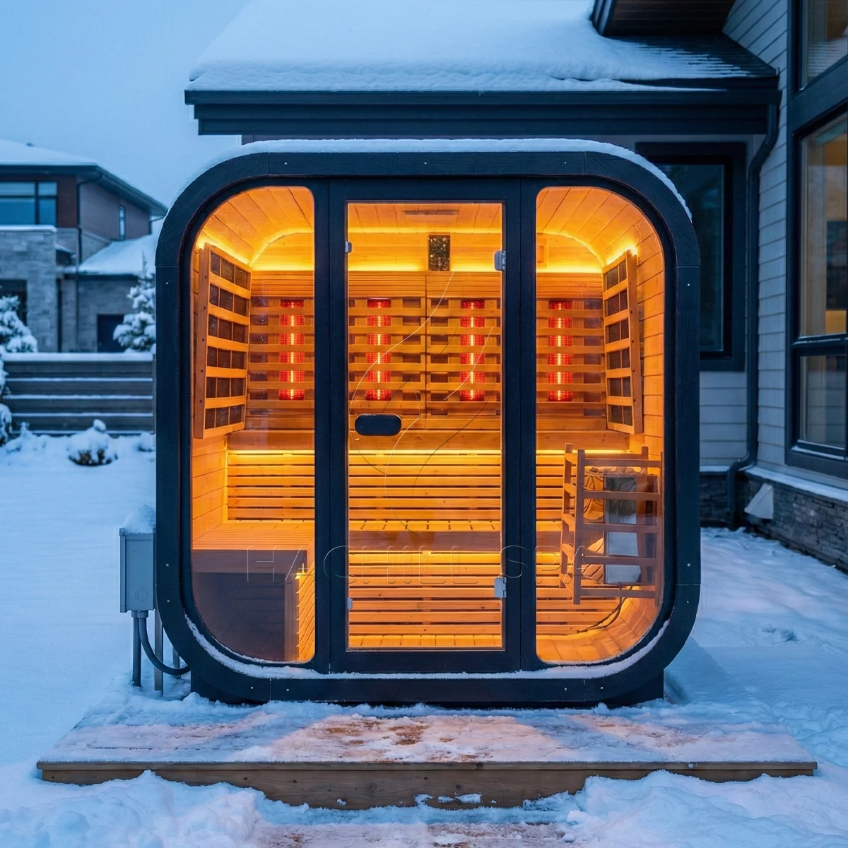 CS21 hybrid outdoor sauna installed in winter conditions