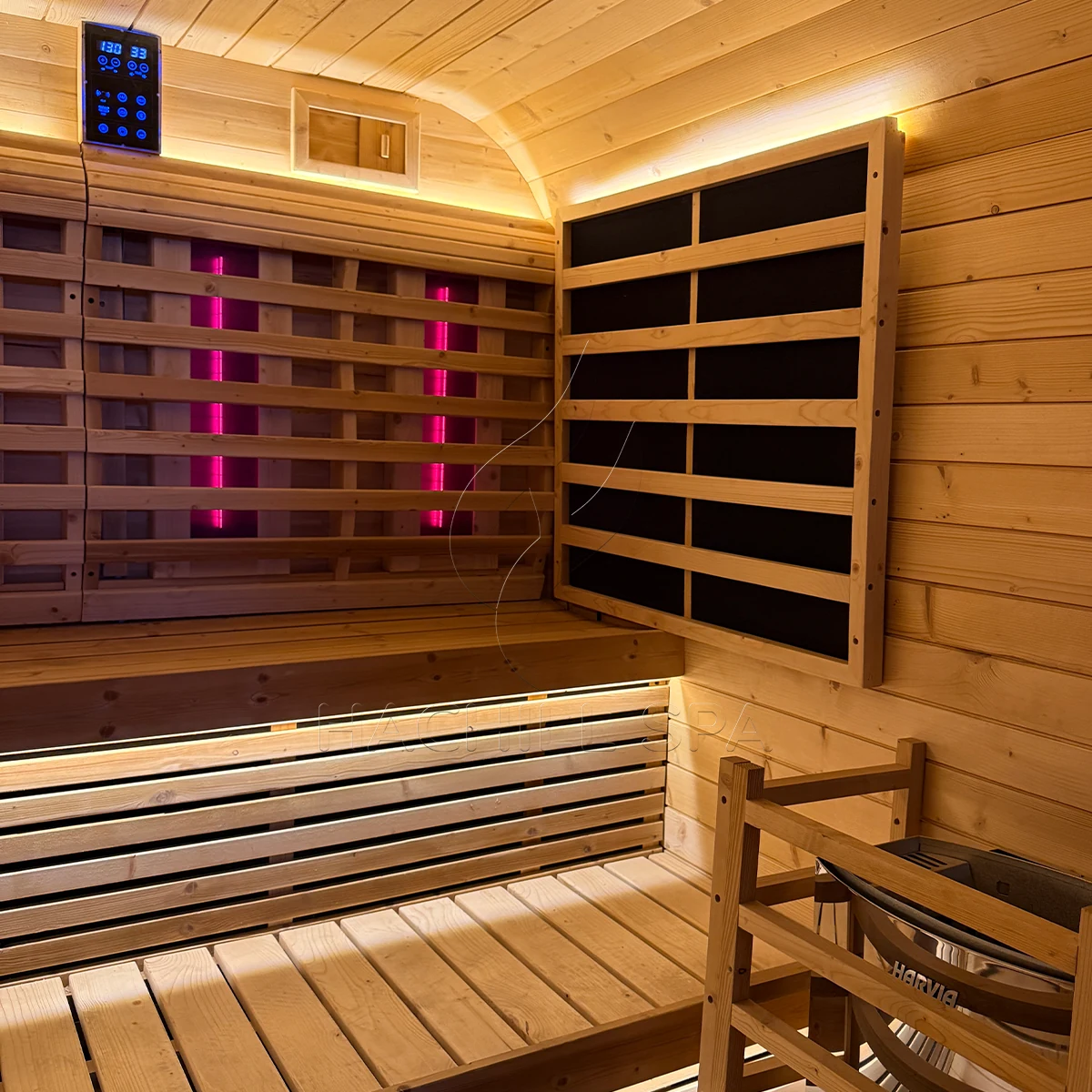 CS21 hybrid sauna heater and infrared panel layout