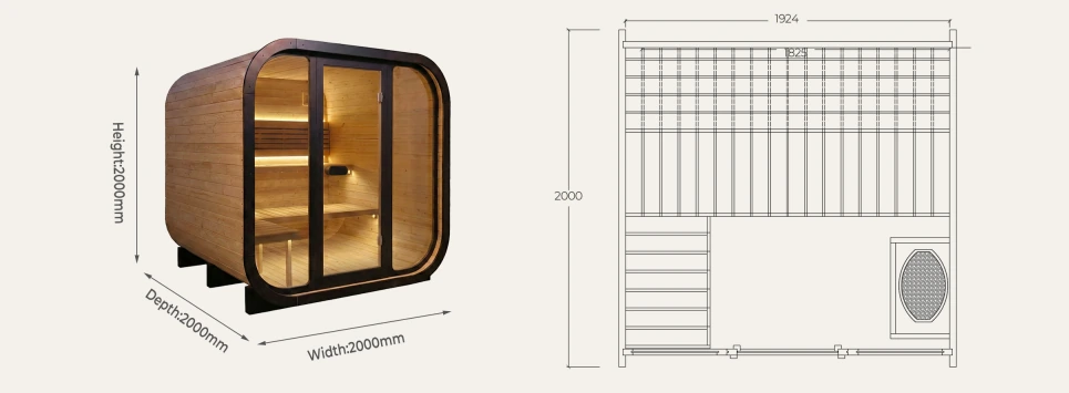 CS22 outdoor cube sauna 2000 x 2000 x 2000 mm overall dimensions drawing
