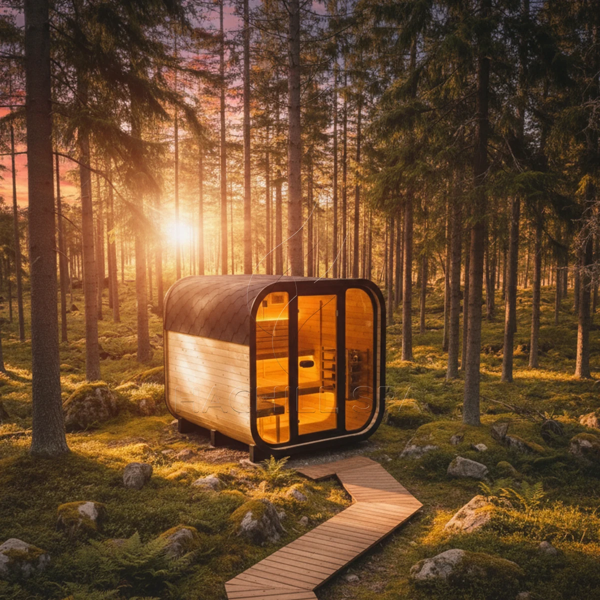 CS22 outdoor cube sauna forest installation