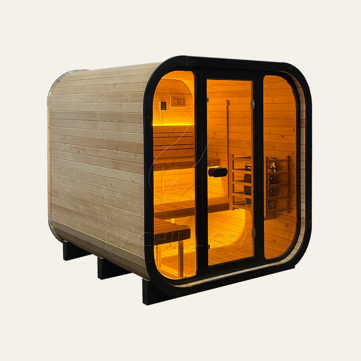 CS22 outdoor cube sauna front three-quarter product view