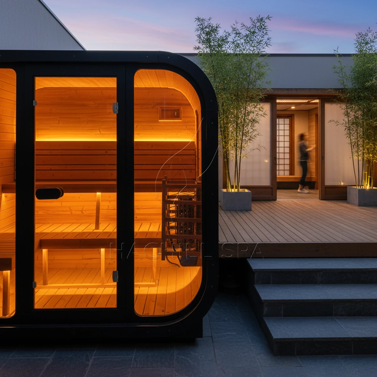 CS22 outdoor cube sauna patio installation at night