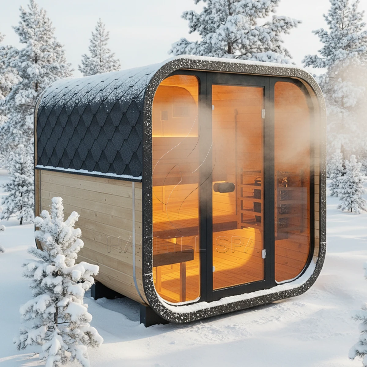 CS22 outdoor cube sauna installed in winter conditions