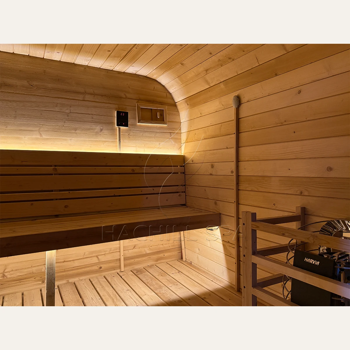 CS22 sauna bench and glass door interior layout