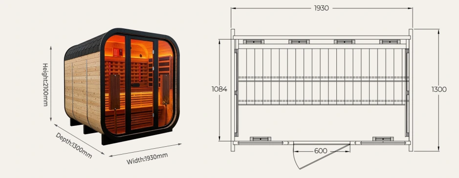 CS23 hybrid outdoor sauna 1930 x 1300 x 2100 mm overall dimensions drawing
