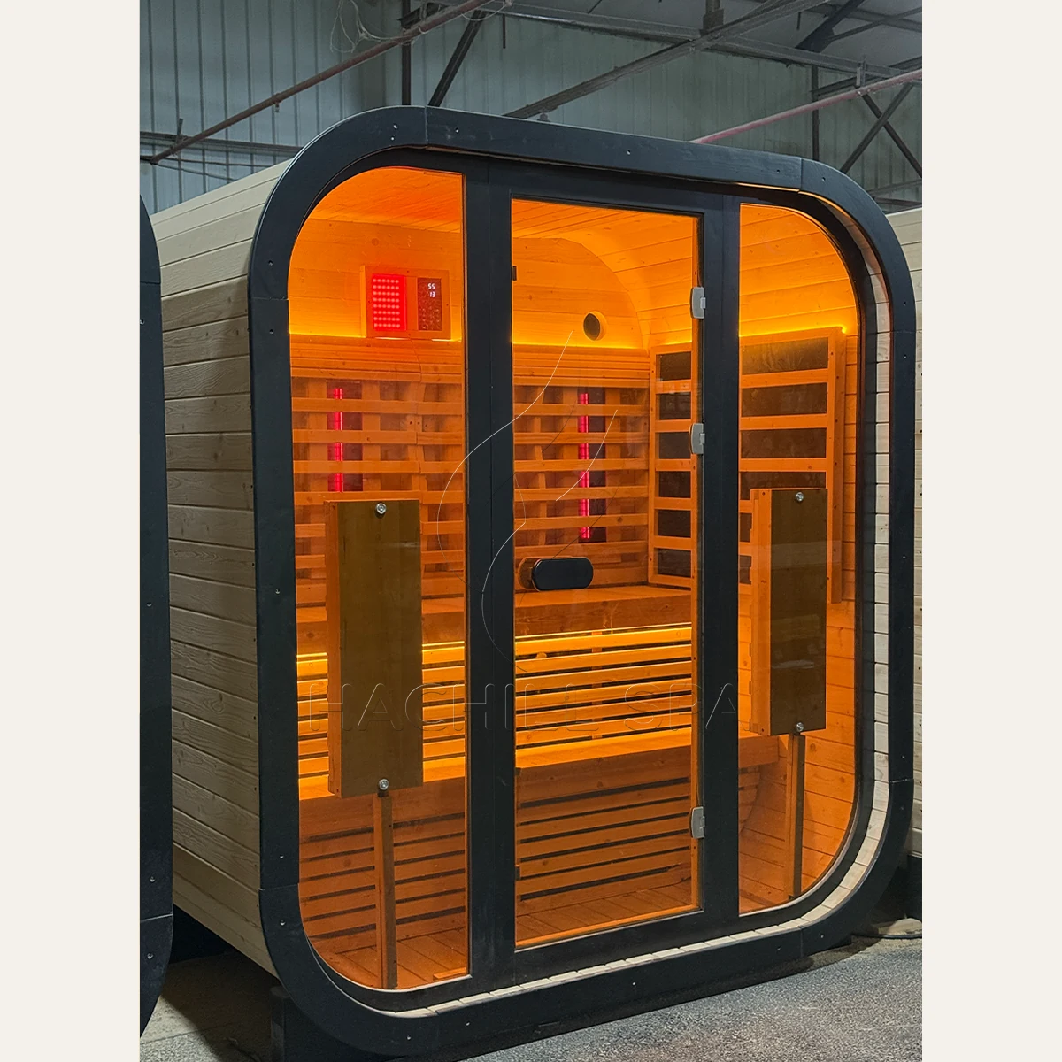 CS23 hybrid outdoor sauna factory three-quarter view