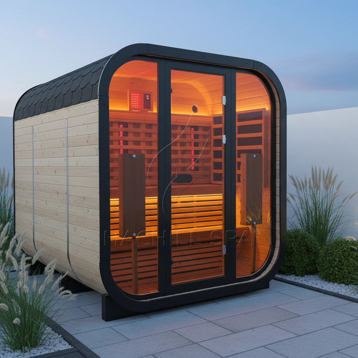 CS23 hybrid outdoor sauna patio installation