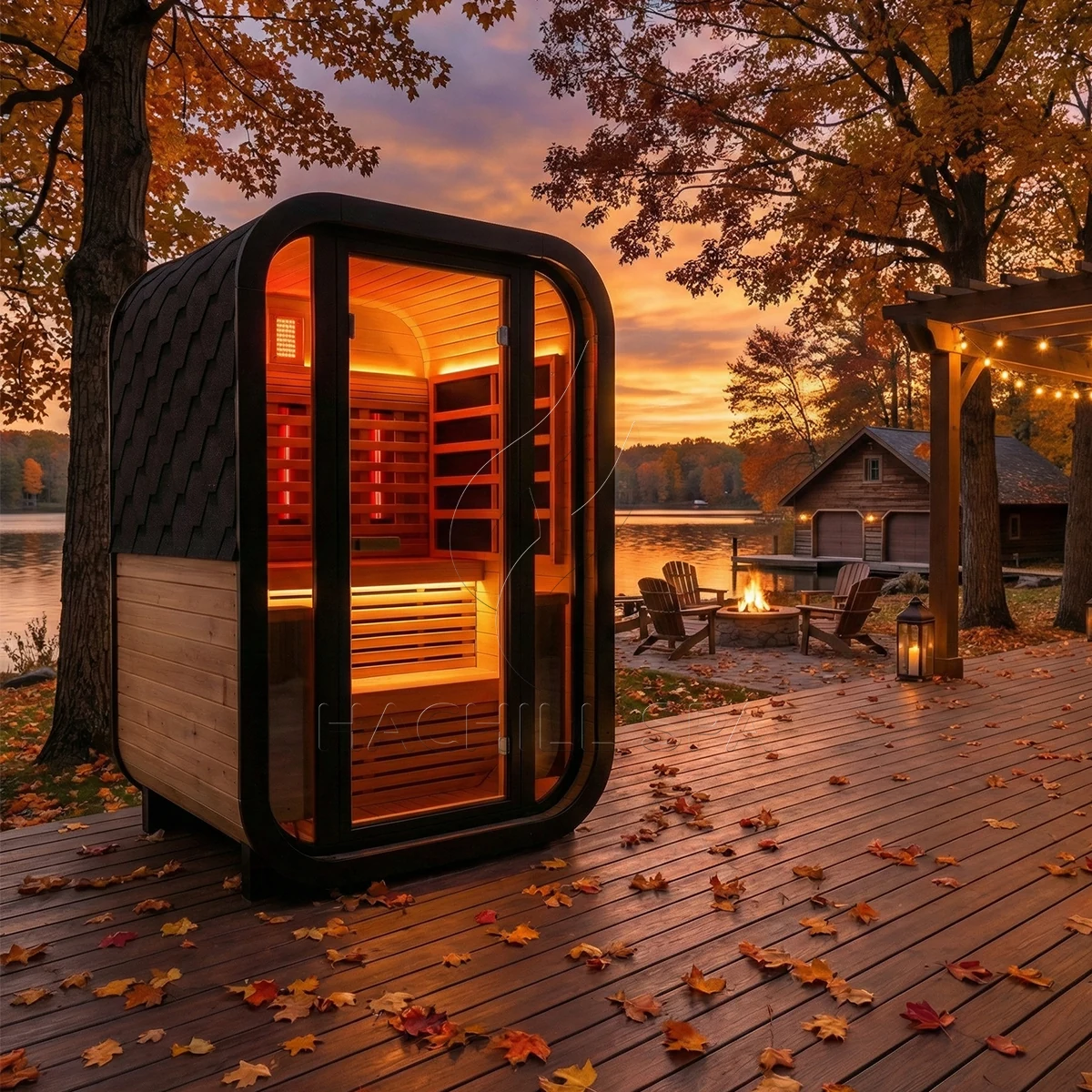 CS29 hybrid outdoor sauna autumn patio installation