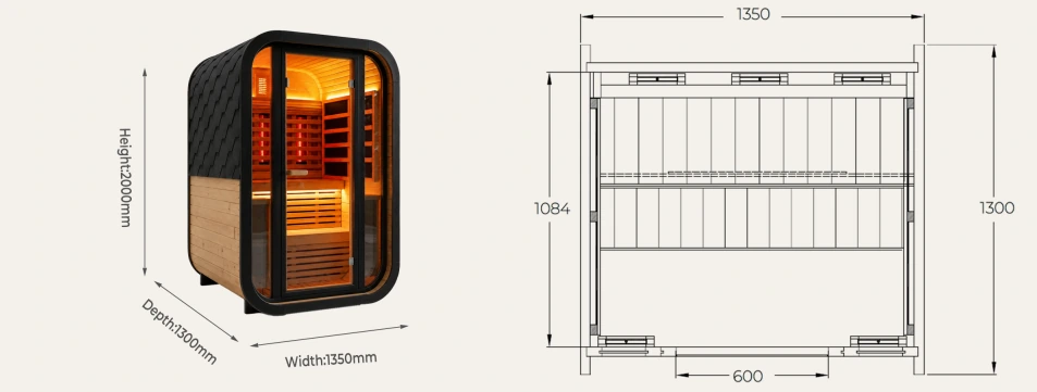 CS29 hybrid outdoor sauna 1350 x 1300 x 2000 mm overall dimensions drawing