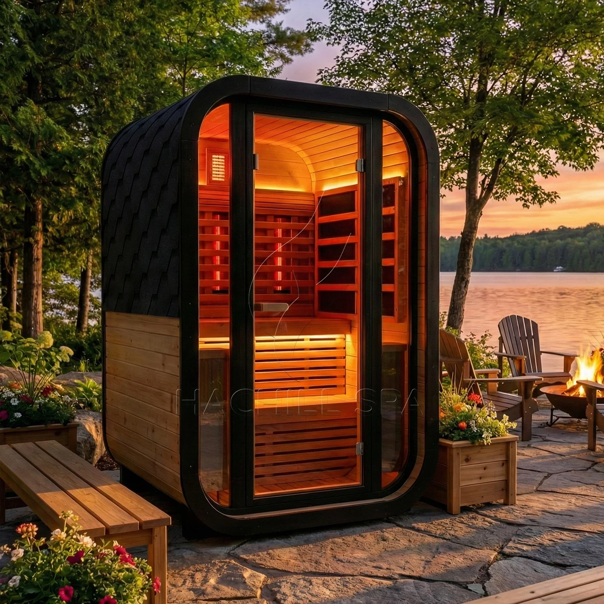 CS29 hybrid outdoor sauna lakeside installation