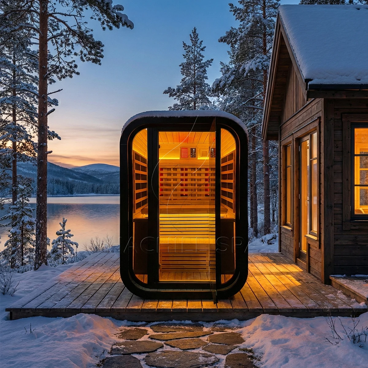 CS29 hybrid outdoor sauna installed in snow conditions