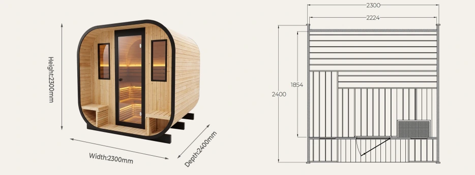 CS30 outdoor cube sauna 2300 x 2400 x 2300 mm overall dimensions drawing