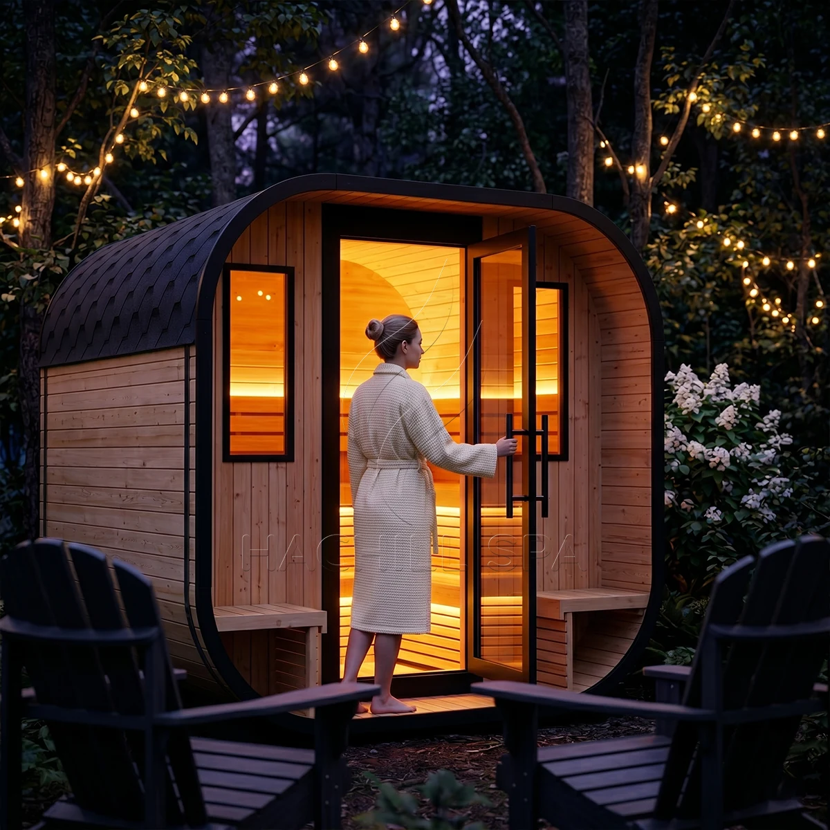 CS30 outdoor cube sauna front three-quarter product view