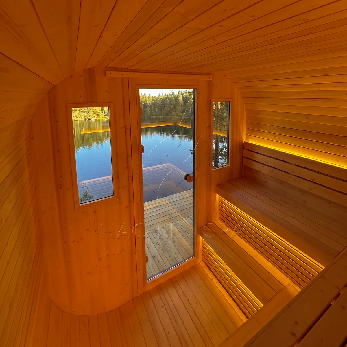 CS30 sauna interior door and bench view