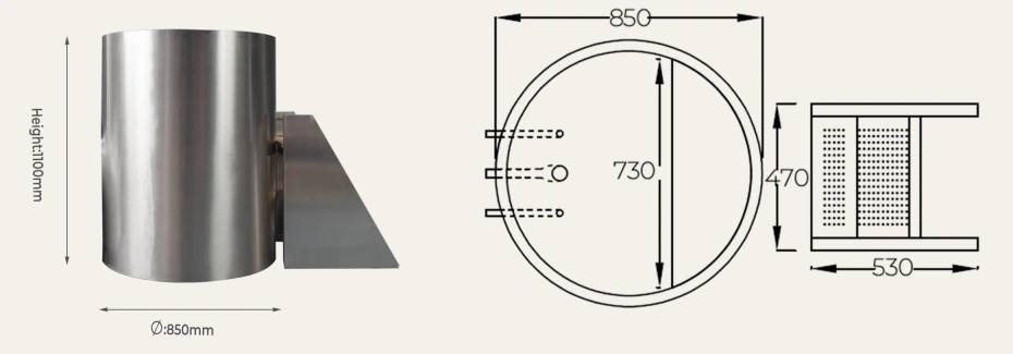 CT12 stainless upright cold plunge 850 mm diameter x 1100 mm overall dimensions drawing