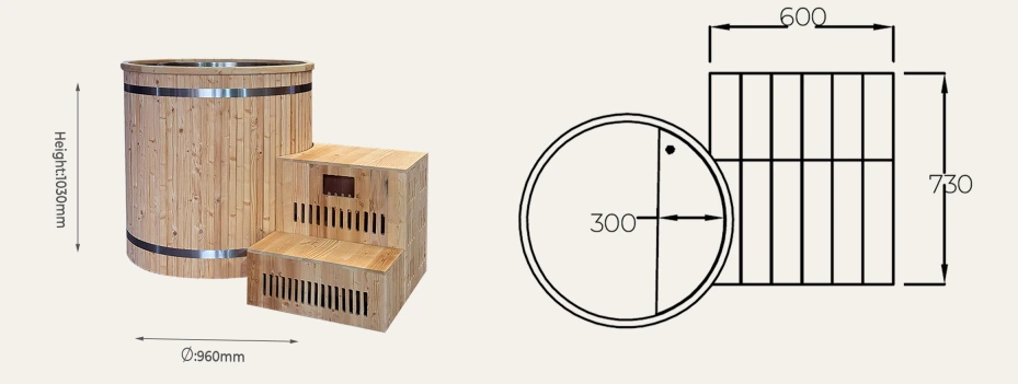 CT15 thermowood upright cold plunge 960 mm diameter x 1030 mm overall dimensions drawing