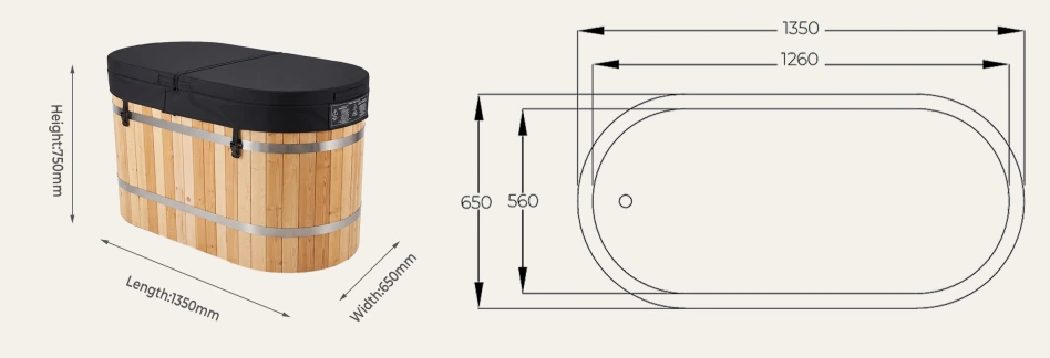 CT16 thermowood laydown cold plunge 1350 x 650 x 750 mm overall dimensions drawing