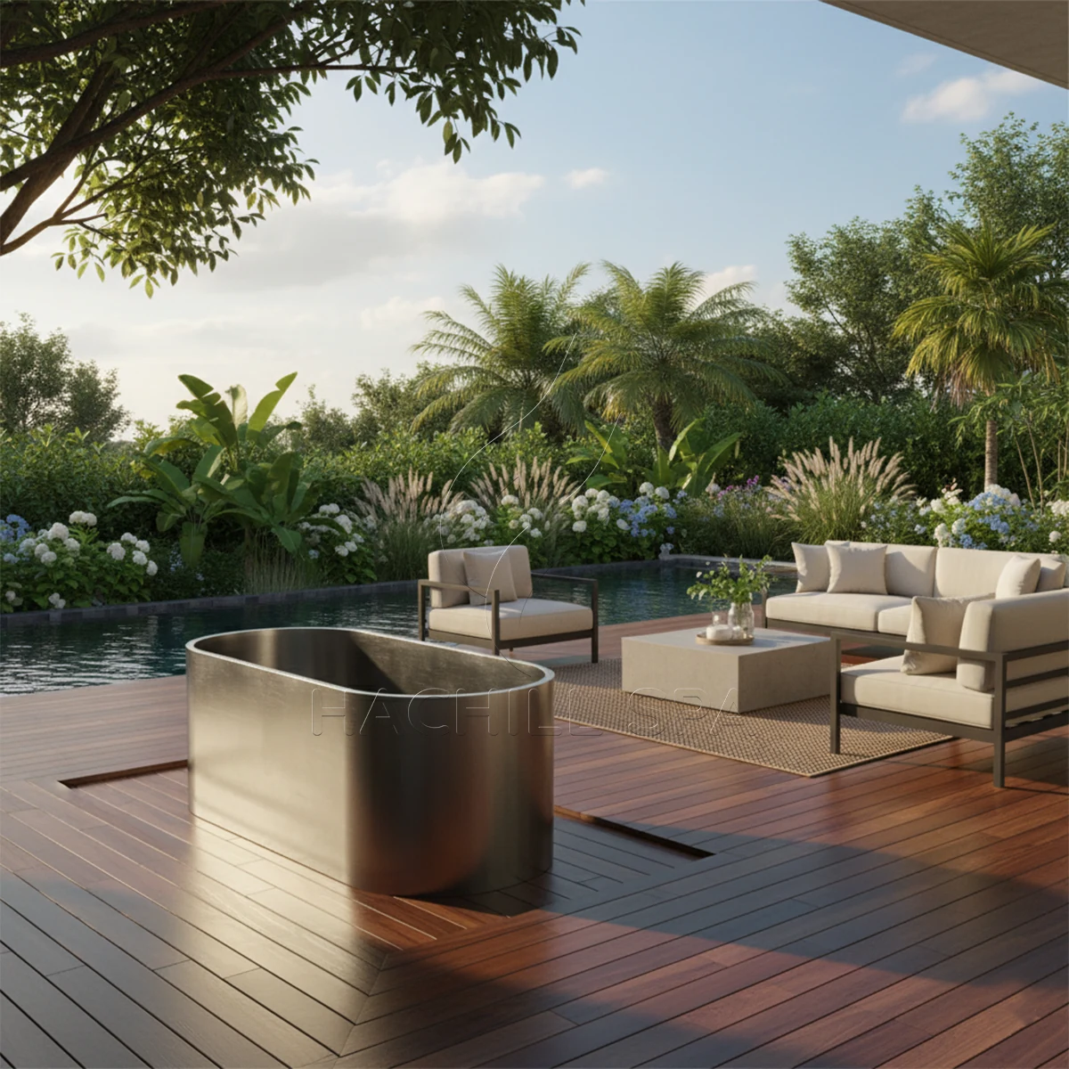 CT20 stainless cold plunge garden deck installation