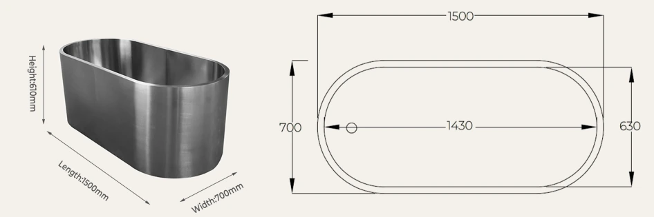 CT20 stainless laydown cold plunge 1500 x 700 x 610 mm overall dimensions drawing