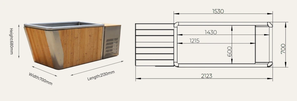 CT27 commercial cold plunge 2123 x 700 x 680 mm overall dimensions drawing