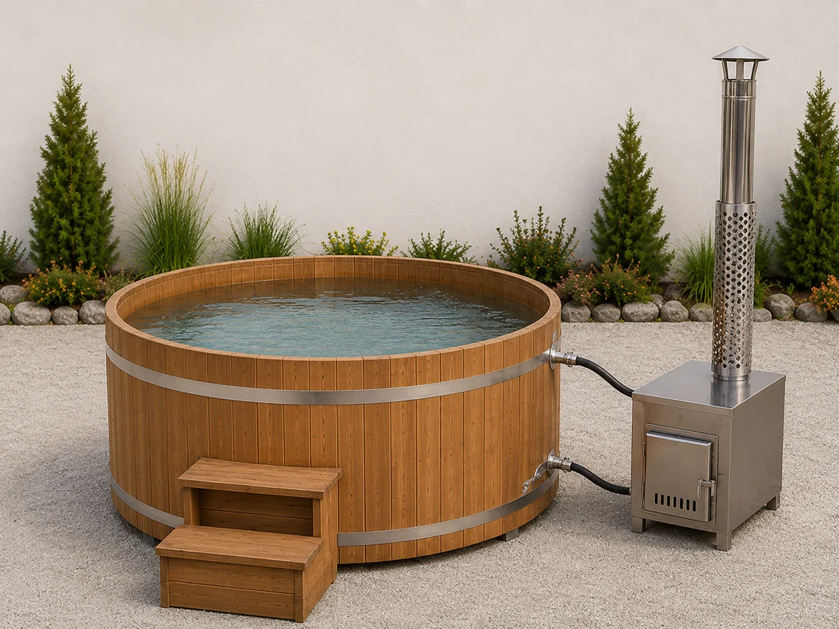 Round wooden hot tub connected to a separate external wood-fired stove and chimney