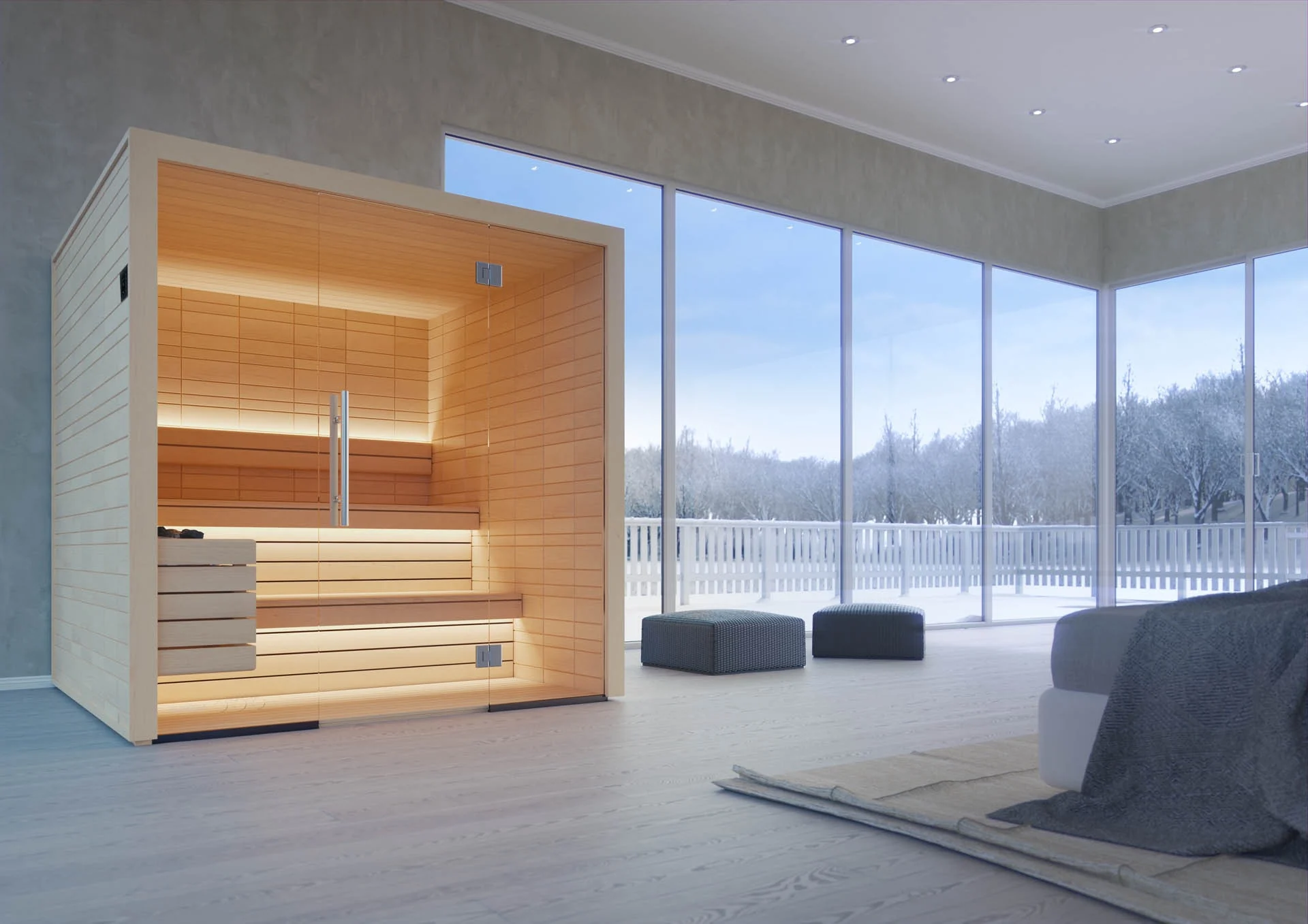 Minimal indoor traditional sauna in a bright room