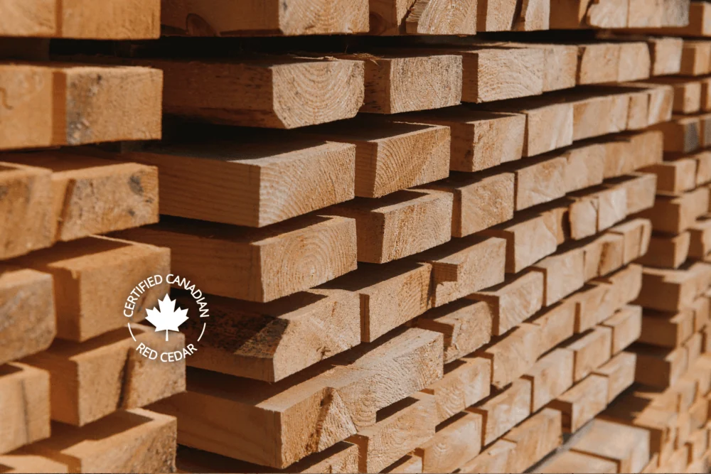 Stacked timber with material marking for sauna production