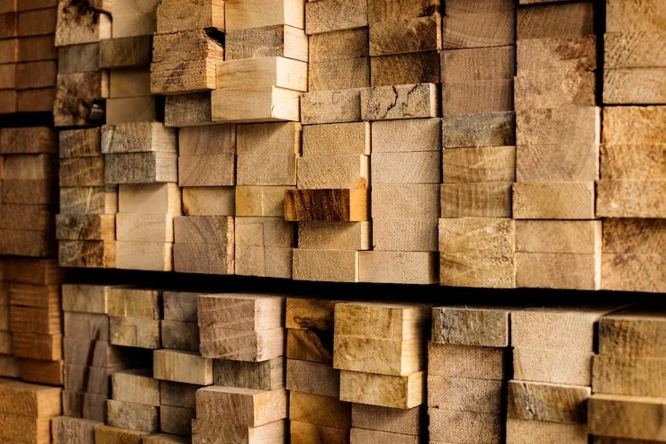 Cut timber blocks prepared for sauna production