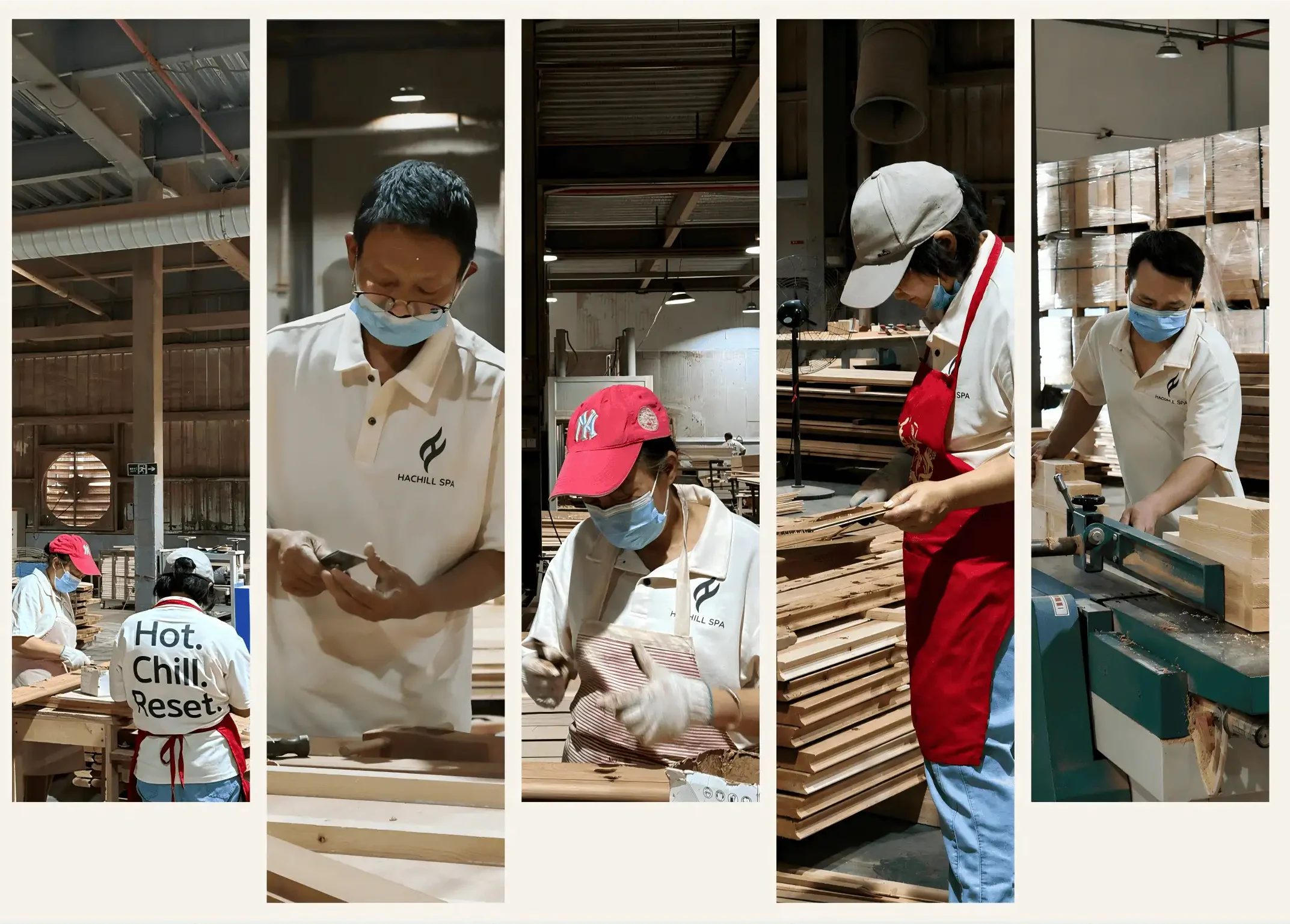 HACHILL SPA craftsmen performing wood processing, component inspection and sauna production quality control