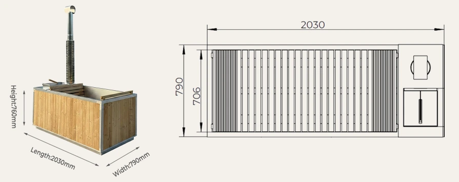 HT18 rectangular wood fired hot tub 2030 x 790 x 760 mm overall dimensions drawing