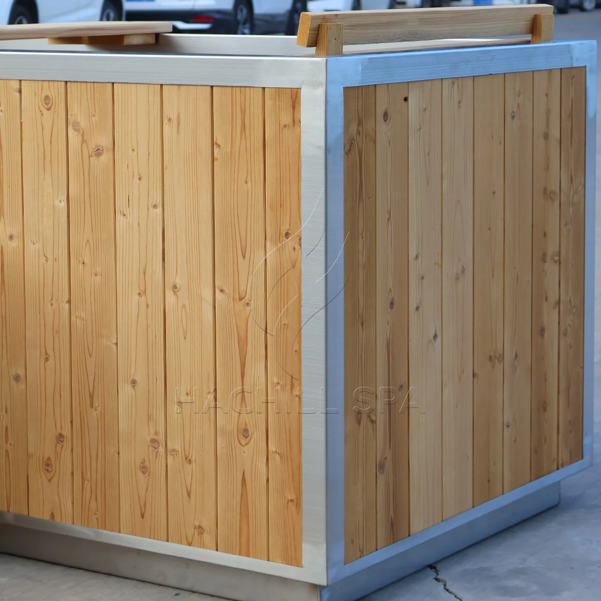 HT18 rectangular wood fired hot tub front view