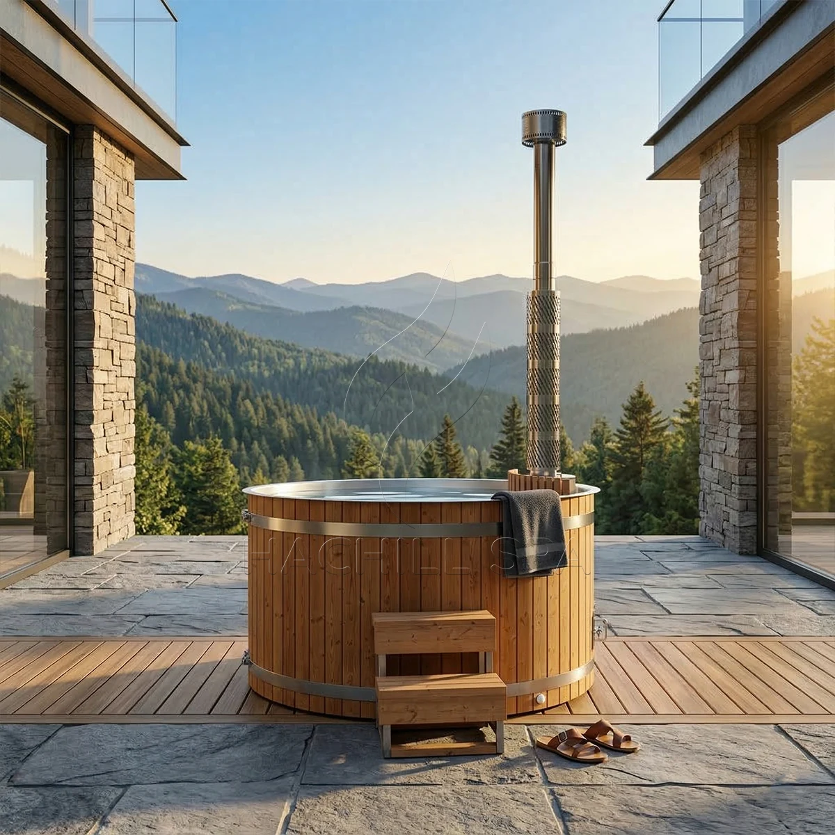 HT19 round wood fired hot tub mountain installation