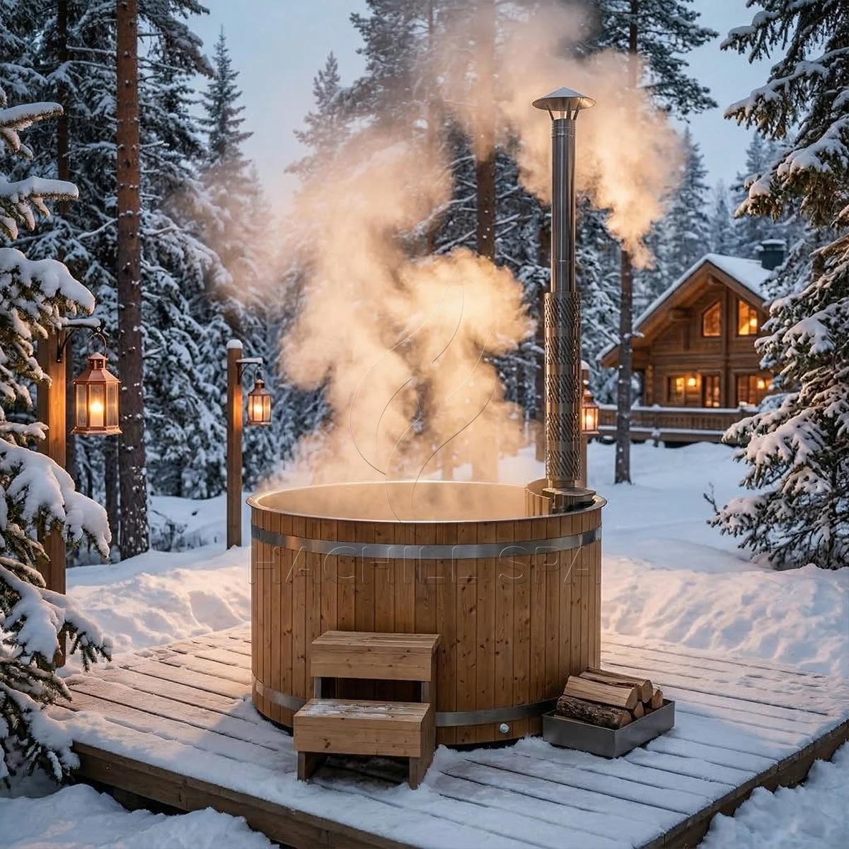 HT19 round wood fired hot tub winter installation