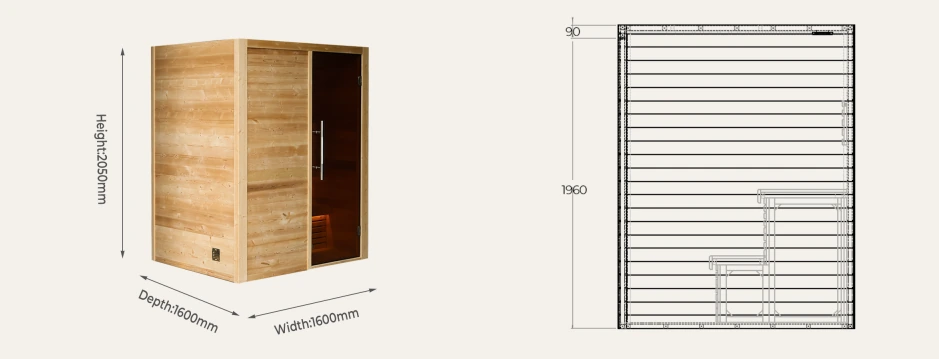 ID14L indoor traditional sauna 1600 x 1600 x 2050 mm overall dimensions drawing