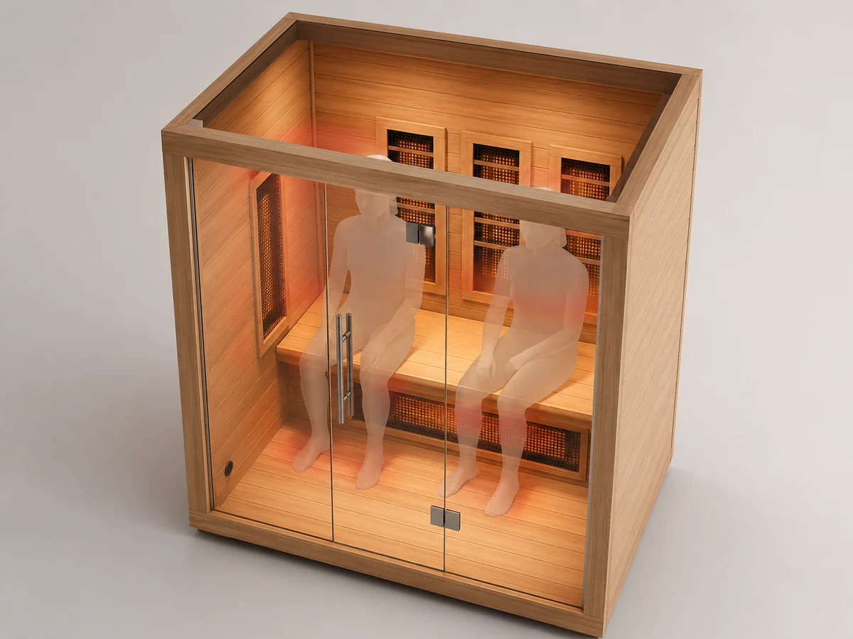 Top-angle view showing infrared panel placement around two seated users inside a sauna cabin