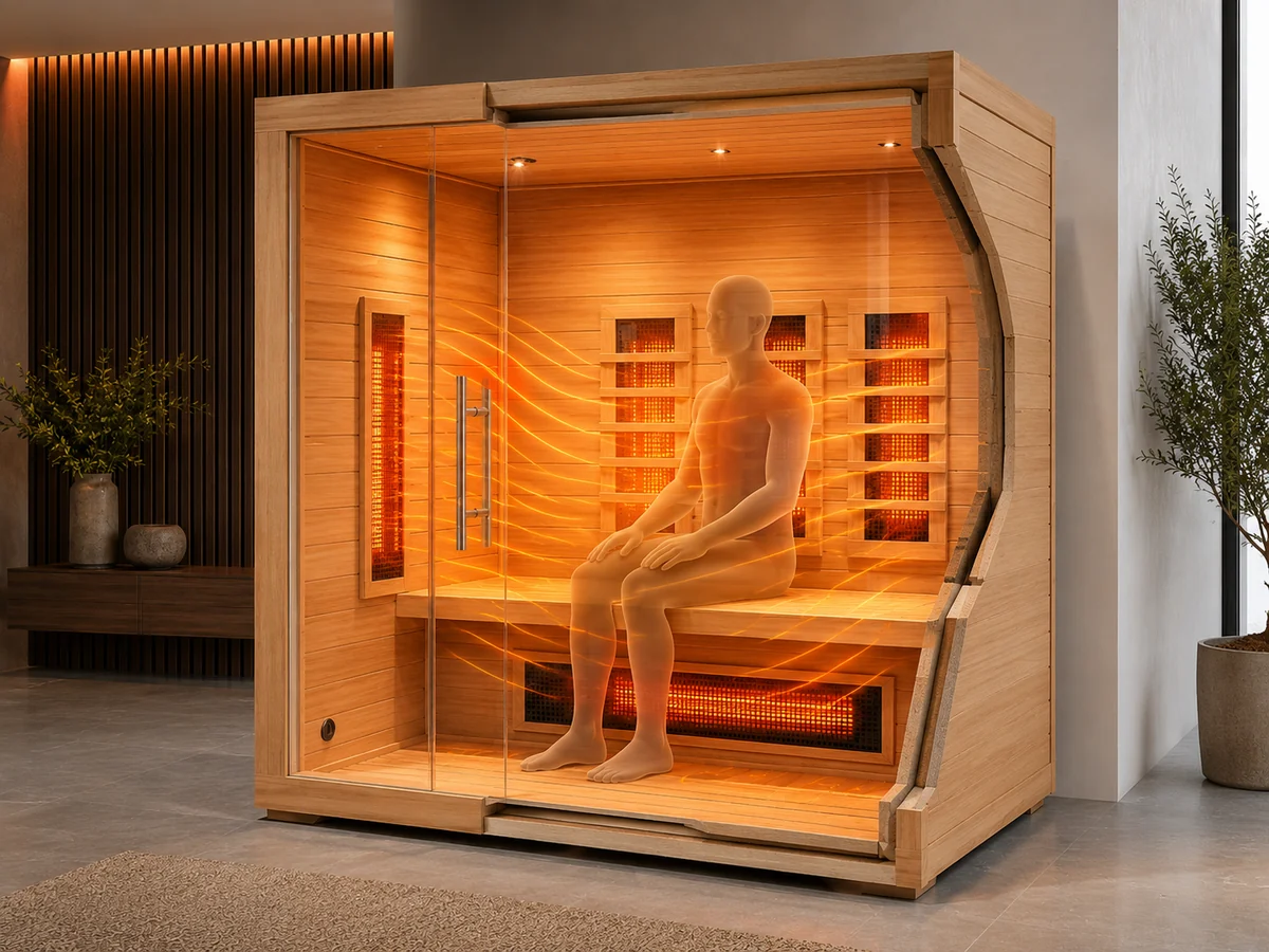 Cutaway view of an infrared sauna showing radiant heat from wall emitters reaching a seated user and cabin surfaces