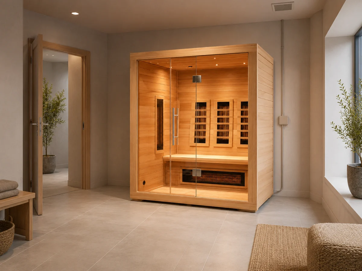 Infrared sauna installation planning with clear access, room ventilation and a protected electrical route