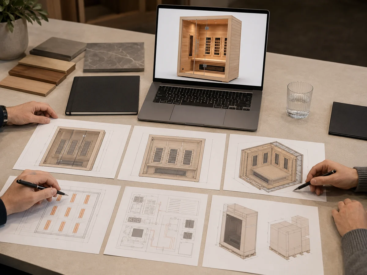 Buyer reviewing an infrared sauna drawing, emitter layout and electrical specification before purchase