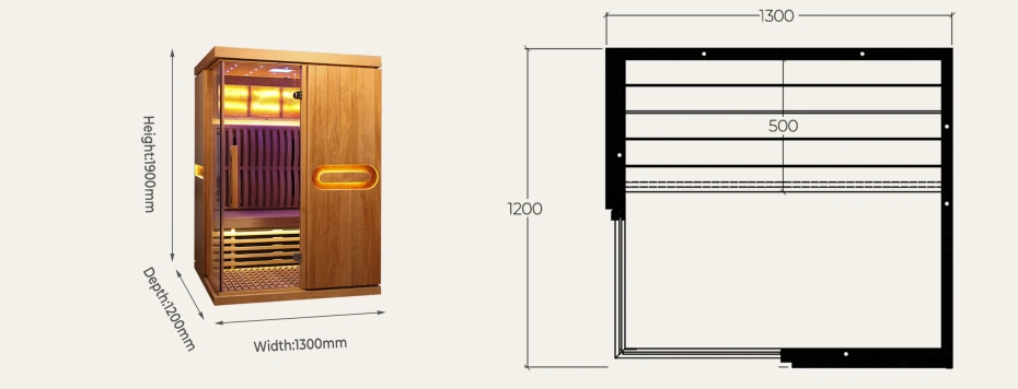 IR12 indoor infrared sauna 1300 x 1200 x 1900 mm overall dimensions drawing