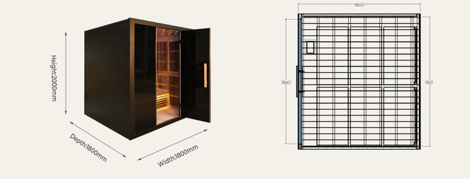 IR13 indoor infrared sauna 1800 x 1800 x 2000 mm overall dimensions drawing
