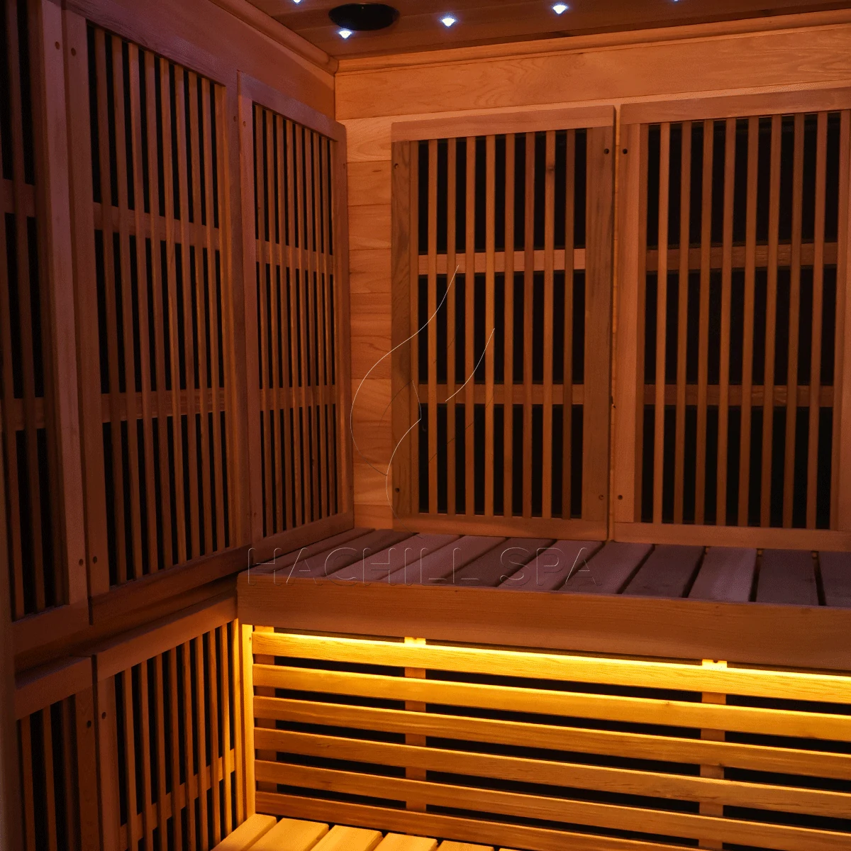 IR13 sauna corner emitter and bench detail