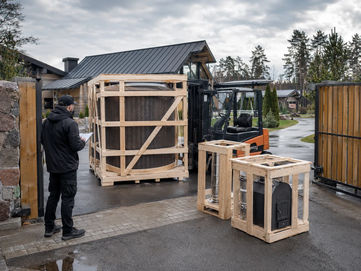 Crated round wood-fired hot tub being checked for unloading and site access
