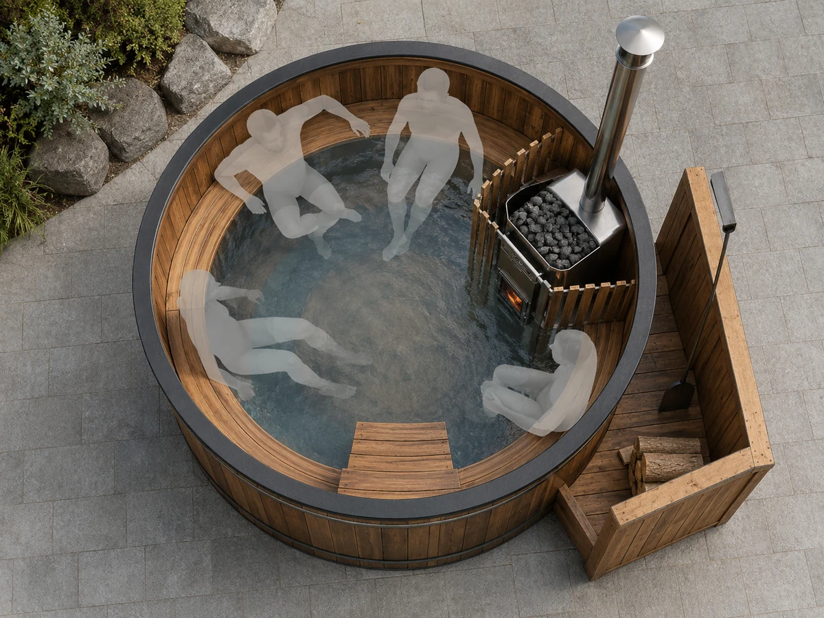 Top-angle layout of a round wood-fired hot tub showing seating, entry steps, stove intrusion and operator access