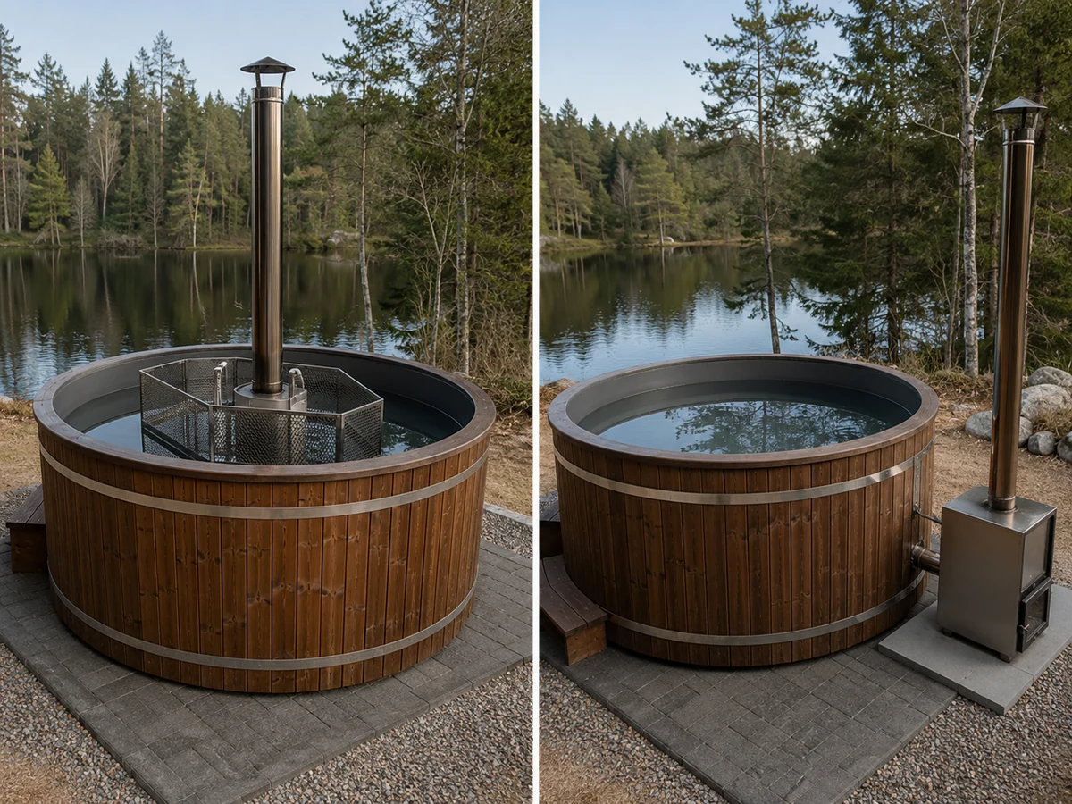 Comparison of round wood-fired hot tubs with internal and external stove configurations
