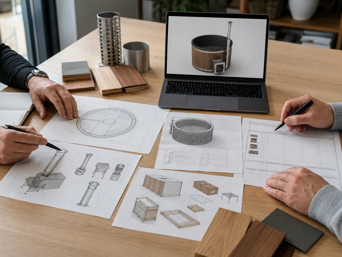 Commercial buyers reviewing round wood-fired hot tub drawings, stove scope and quotation documents