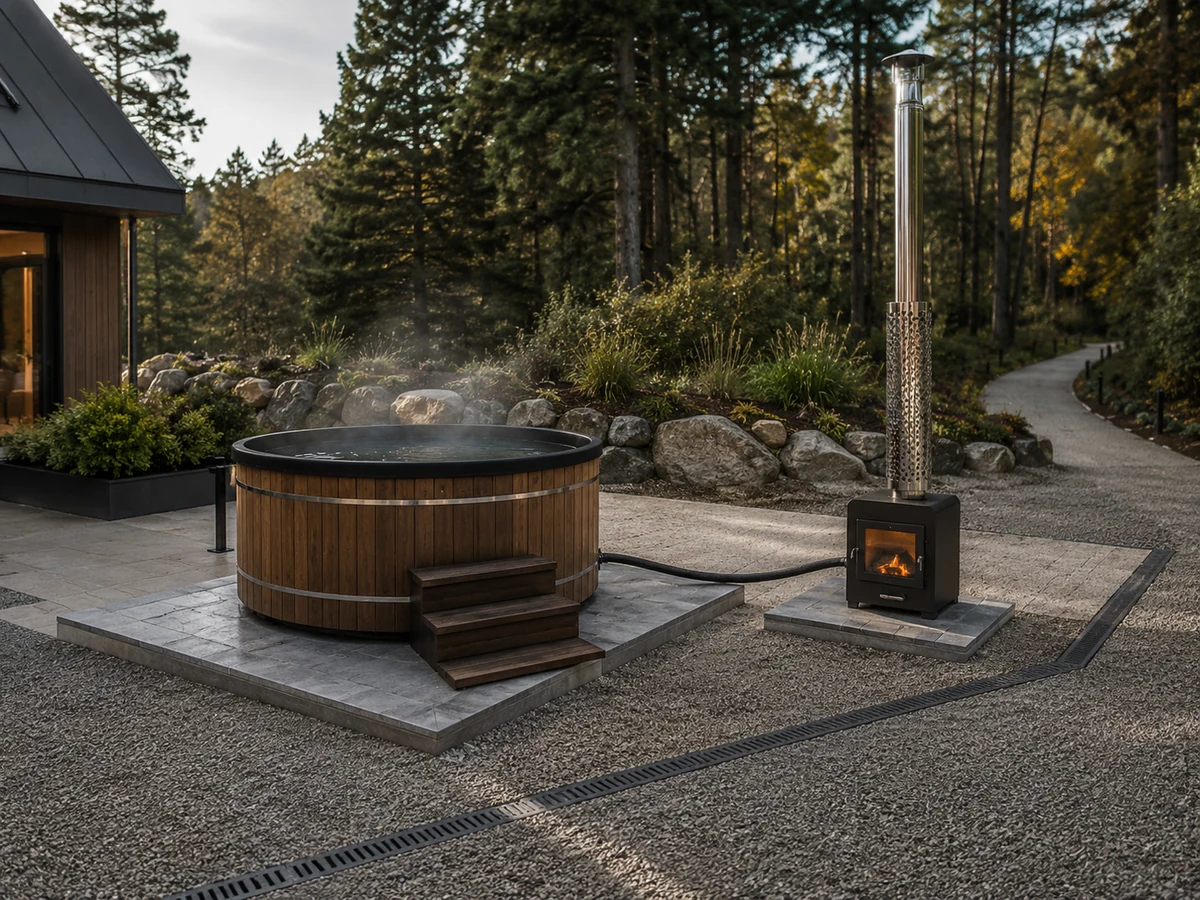 Round wood-fired hot tub site planning with a stable base, drainage route, stove area and clear chimney path